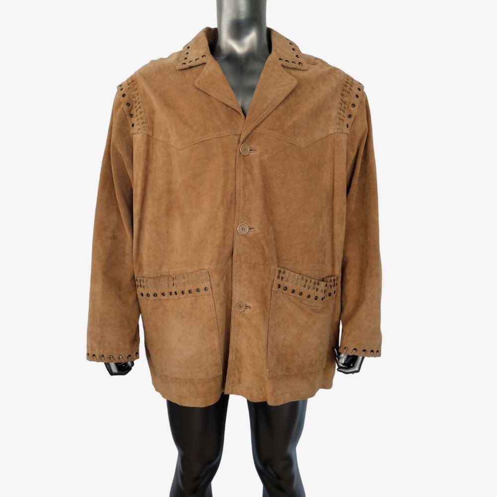 Vintage 1990s Tan Real Leather Suede Western Button Down Jacket Size XL